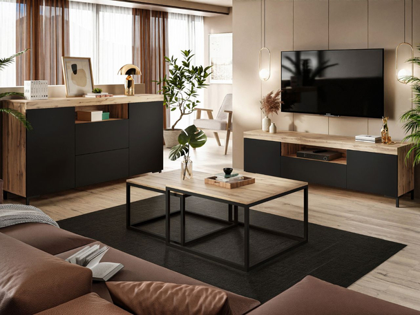 Wohnzimmer-Set – TV-Schrank und Kommode auf schwarzen Füßen Asumi Schwarz und Eiche Wotan