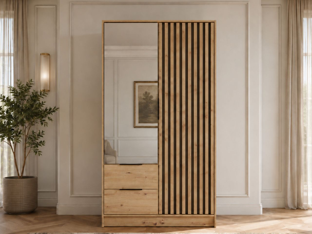 Kleiderschrank mit Spiegel 105 cm Macron Artisan Eiche, Schwarz