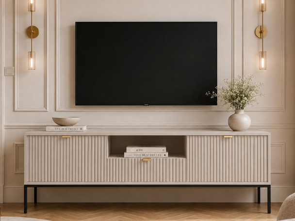 TV-Lowboard mit Schublade und Türen Amber Kaschmir auf schwarzen Beinen