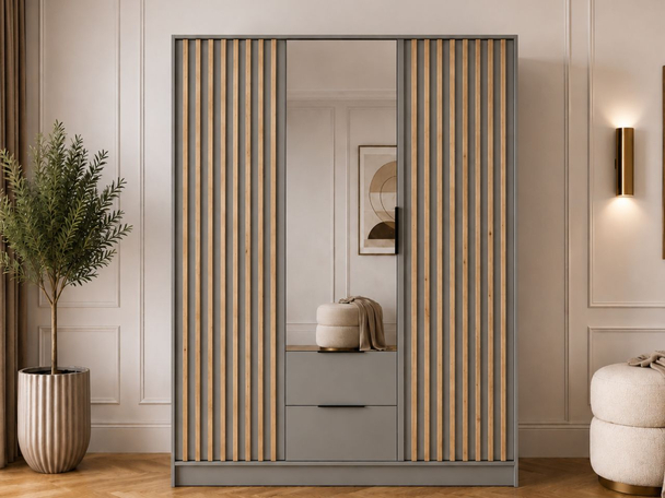Kleiderschrank mit Spiegel 155 cm Macron Grau, Artisan Eiche