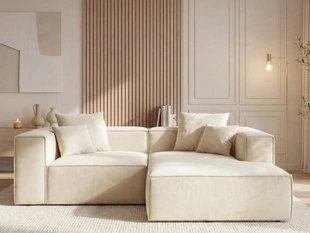Designer Ecksofa L-Form mit Ottomane rechts Vellaro aus Samtstoff Creme