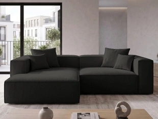 Designer Ecksofa L-Form mit Ottomane links Vellaro aus Bouclé-Stoff Schwarz