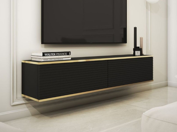 TV-Lowboard Hänge mit Türen 135 cm Diolo Schwarz mit geriffelter Vorderseite