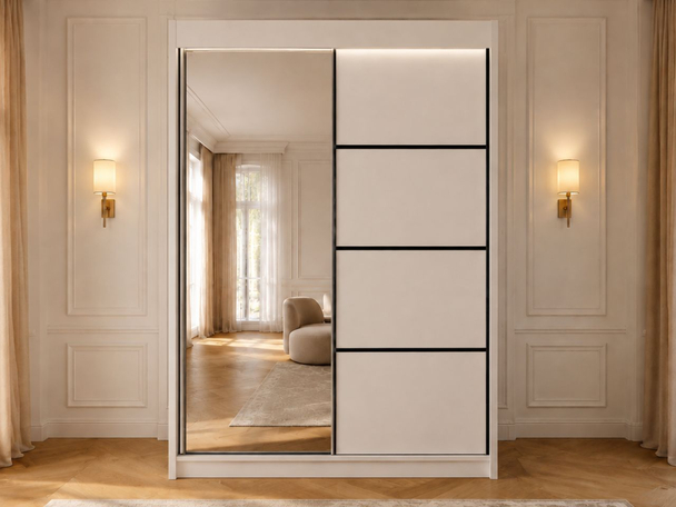 Schiebetürenschrank mit Spiegel 150 cm mit LED-Beleuchtung Portel Weiß