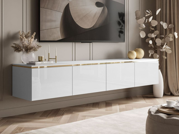 TV-Schrank zum Hängen im Glamour-Stil mit LED-Beleuchtung Celle Weiß Hochglanz