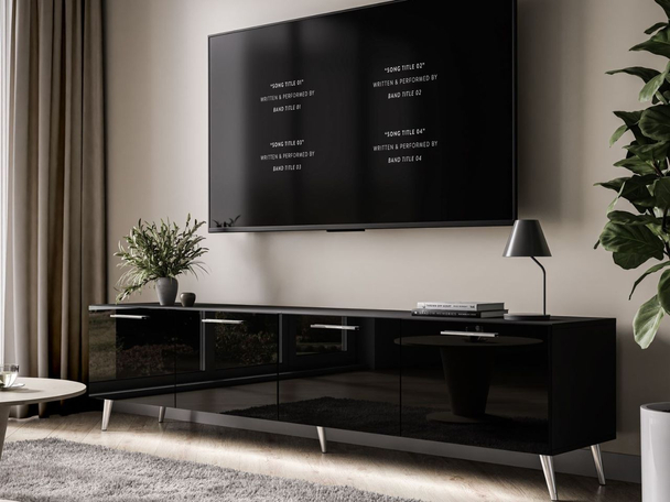 TV-Lowboard mit Türen und LED-Beleuchtung auf Silbernen Metallbeinen 200 cm Noaé Schwarz Hochglanz