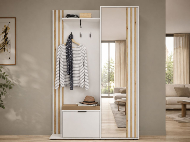 Garderobe mit Spiegel und Kleiderhaken Weiß, Artisan Eiche