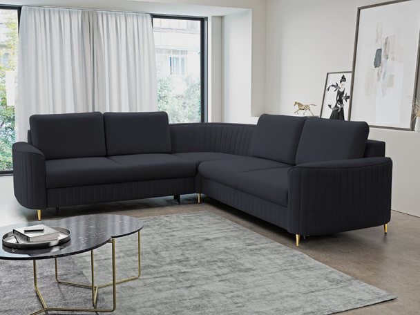 Ecksofa L-Form Rechts mit Schlaffunktion und Bettkasten Limon Dunkelblau