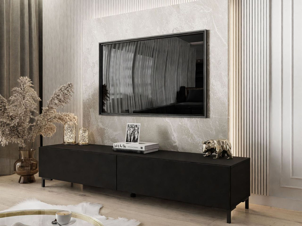TV-Lowboard auf schwarzen Beinen 175 cm mit LED-Beleuchtung Sorelle Schwarz Matt