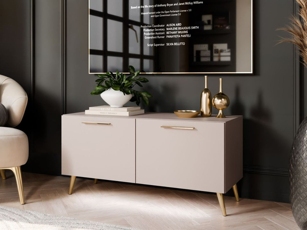 TV-Lowboard mit Türen und LED-Beleuchtung auf Goldenen Metallbeinen 100 cm Noaé Kaschmir