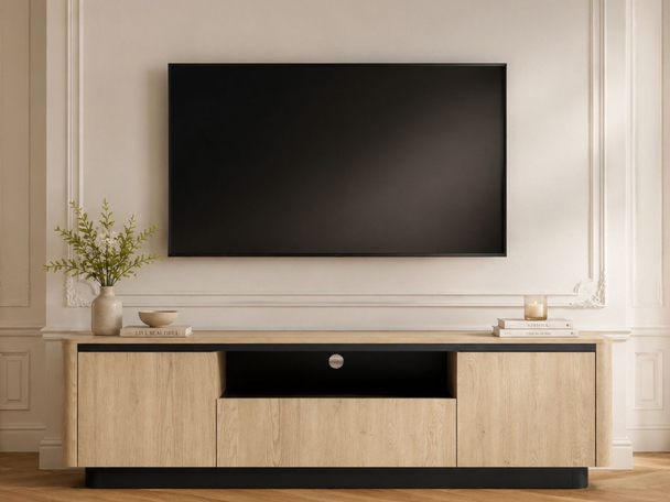 TV-Lowboard mit drei Türen Fascino Eiche Cremona / Schwarz