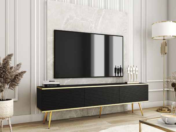 TV-Lowboard mit Türen 175 cm Diolo Schwarz mit geriffelter Vorderseite auf goldenen Beinen