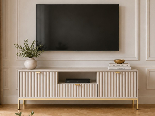 TV-Lowboard mit Schublade und Türen Amber Kaschmir auf goldenen Beinen