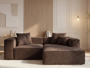 Designer Ecksofa L-Form mit Ottomane rechts Vellaro aus Samtstoff Braun