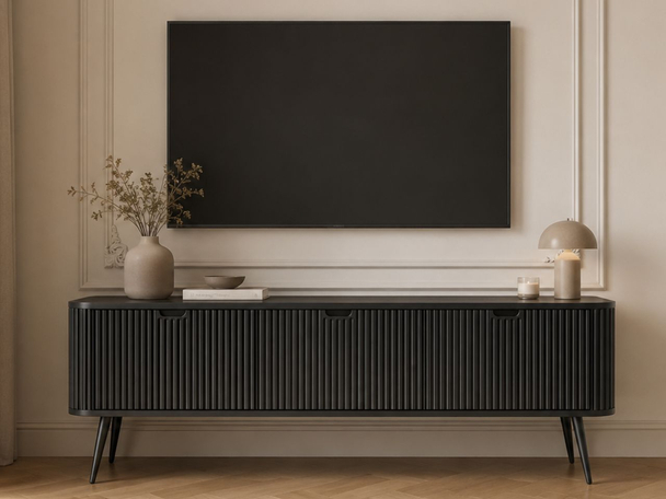 TV-Lowboard mit Türen Viva Schwarz auf Schwarzen Beinen